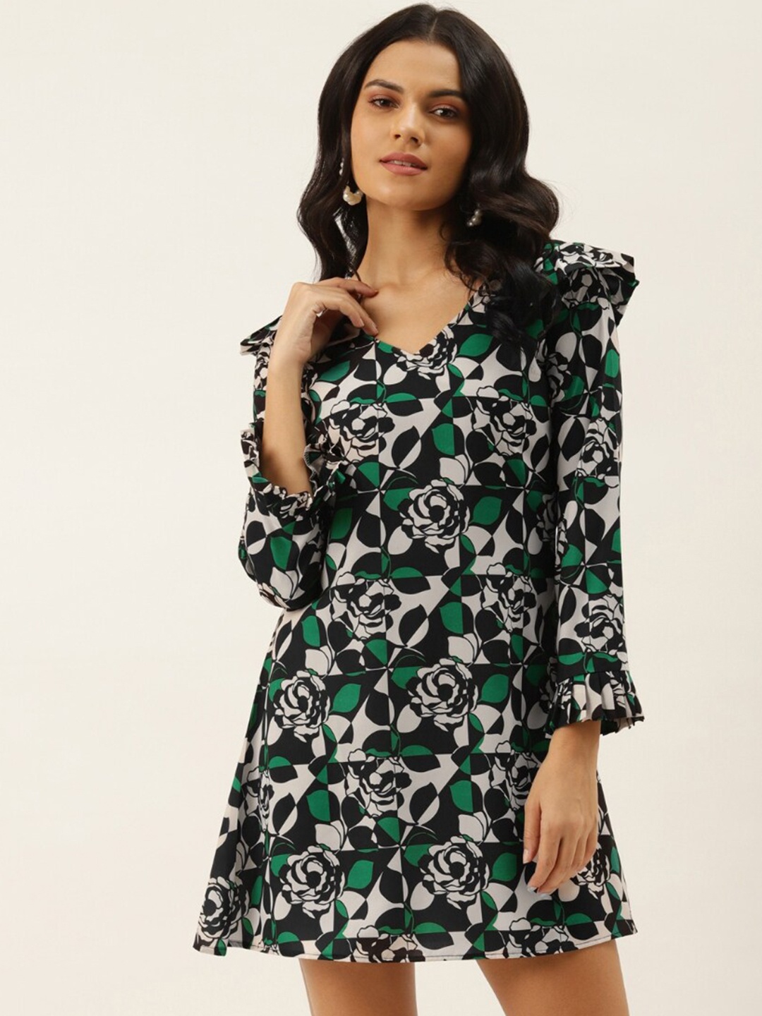 

DressBerry Cream-Coloured Floral Printed V-Neck Bell Sleeve Ruffled Sheath Dress