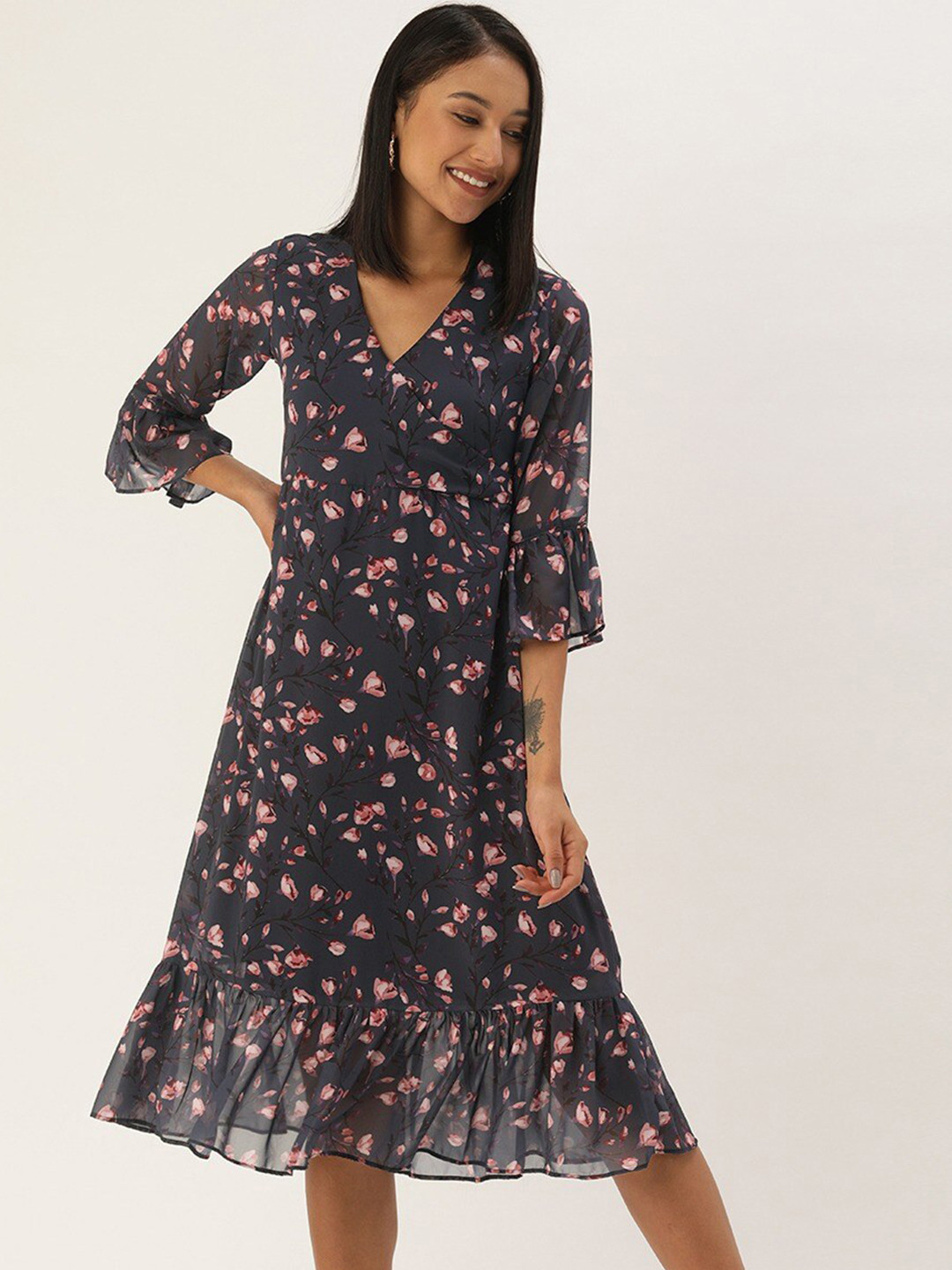 

DressBerry Navy Blue Floral Printed V-Neck Bell Sleeves Georgette A-Line Midi Dress