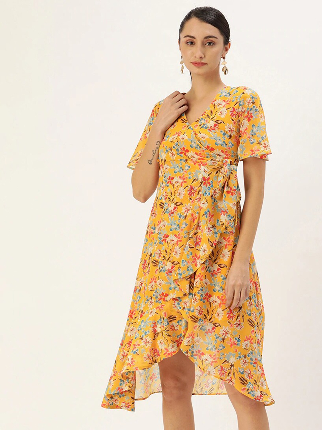 

DressBerry Floral Printed Flared Sleeves Tie-Up Detail Ruffled Tulip Georgette Wrap Dress, Yellow