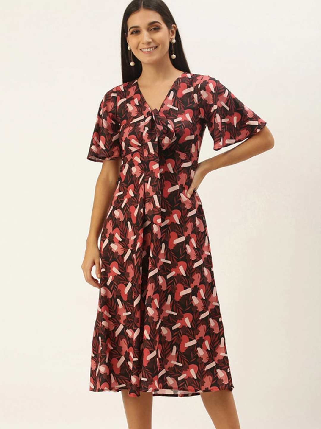 

DressBerry Black & Red Print Flared Sleeve Fit & Flare Midi Dress