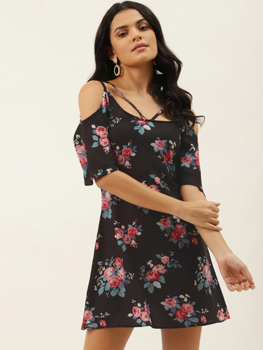 

DressBerry Black Floral Printed Cold-Shoulder Sleeves A-Line Dress