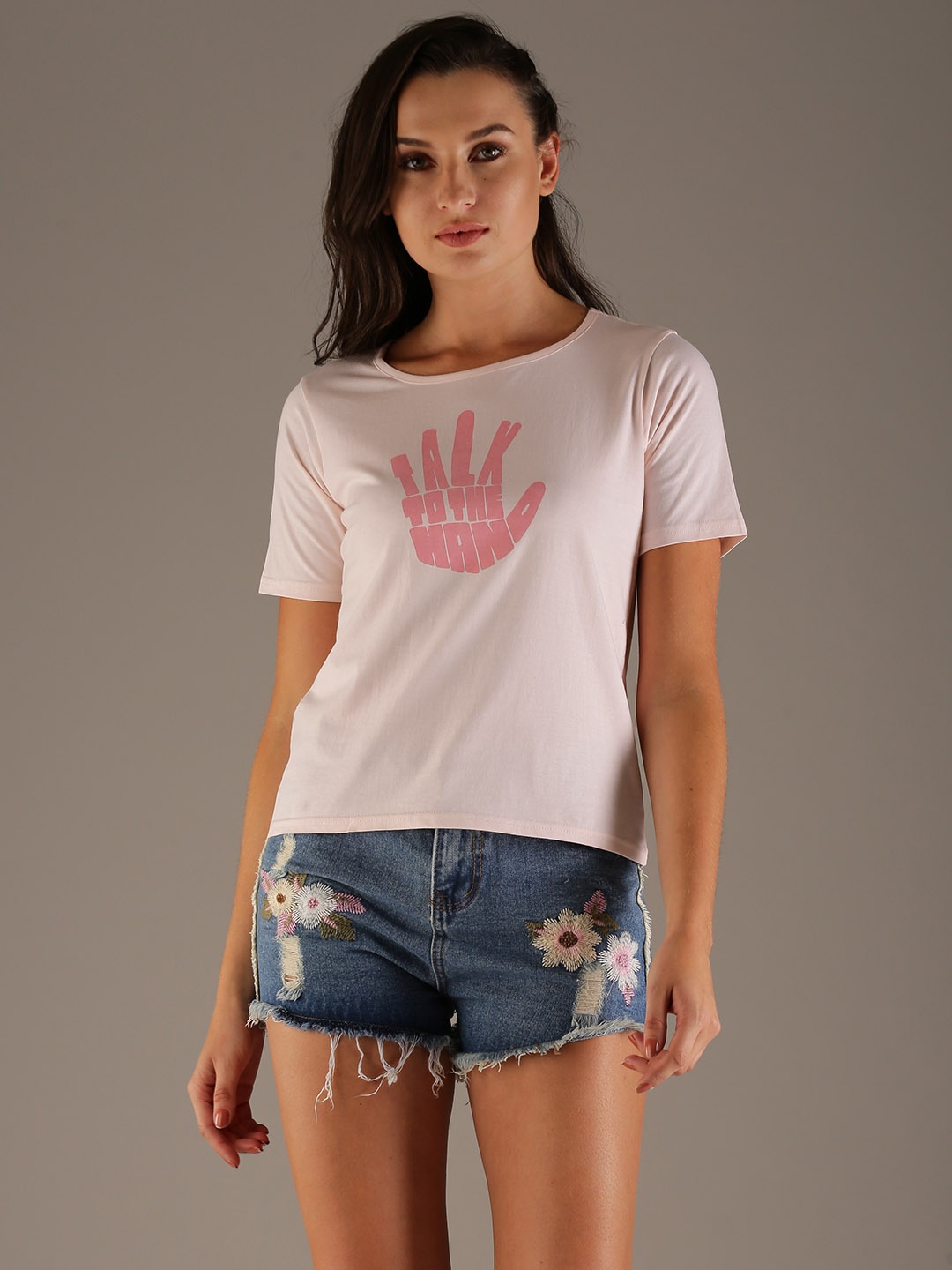 

Flying Machine Women Peach-Coloured Printed Round Neck Pure Cotton T-shirt