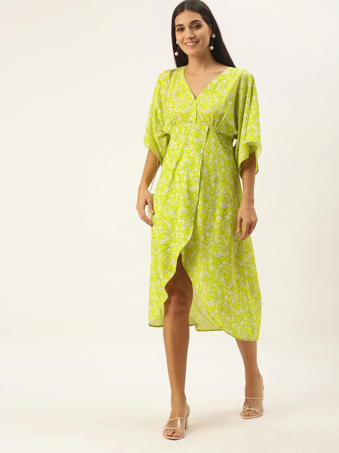 

DressBerry Floral Printed V-Neck Flared Sleeves Tulip A-Line Midi Dress, Lime green