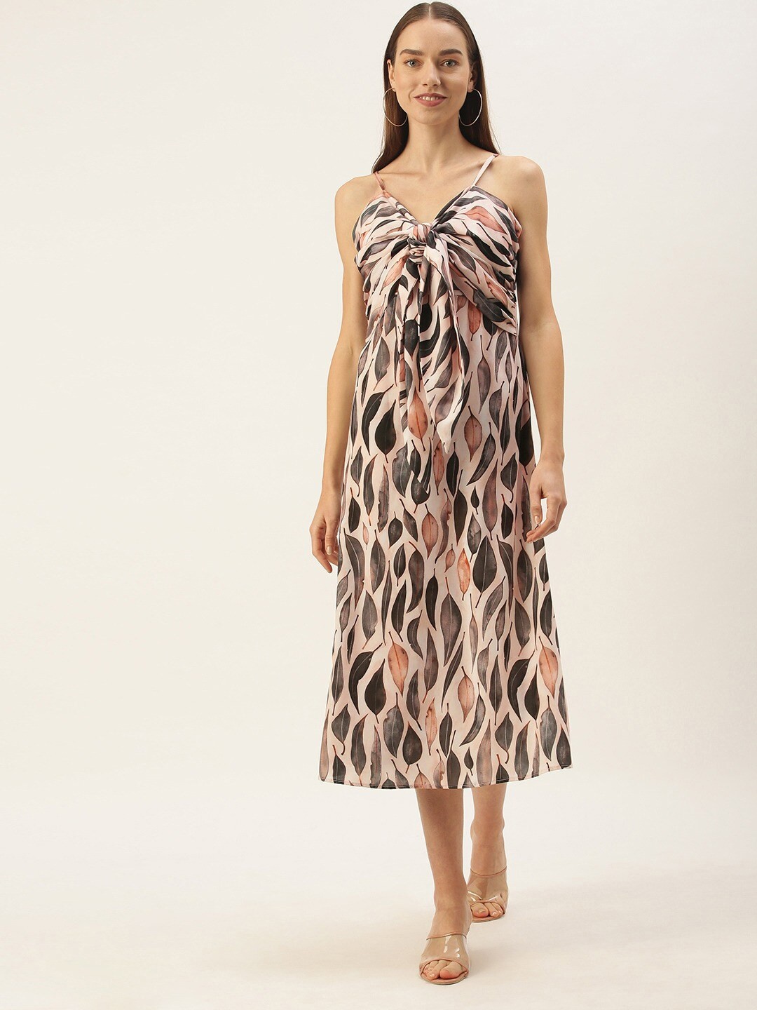 

DressBerry Cream-Coloured & Grey Floral Print A-Line Midi Dress