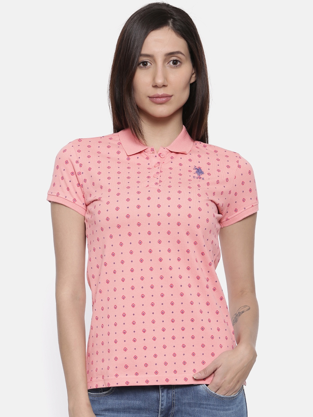 

U.S. Polo Assn. Women Coral Pink Printed Polo Collar T-shirt