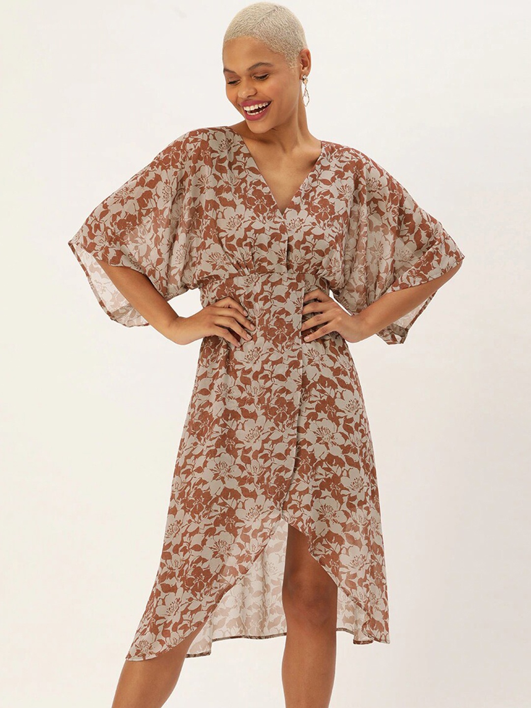 

DressBerry Floral Printed Kimono Sleeves Tulip Georgette Wrap Dress, Brown