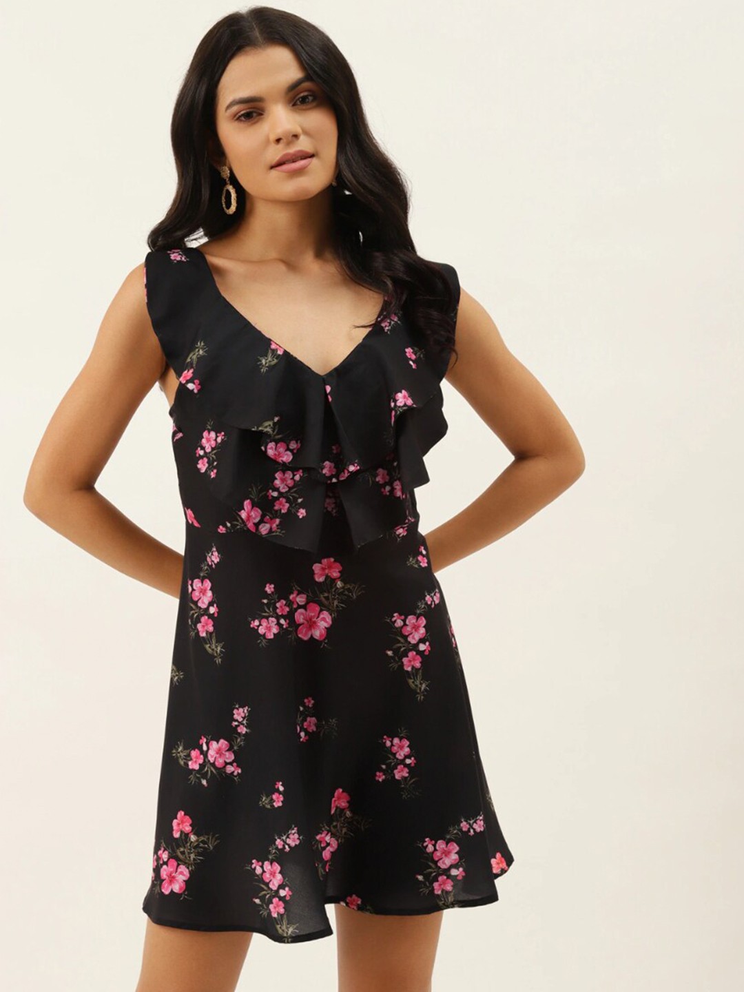 

DressBerry Floral Printed V-Neck Ruffled Mini A-Line Dress, Black