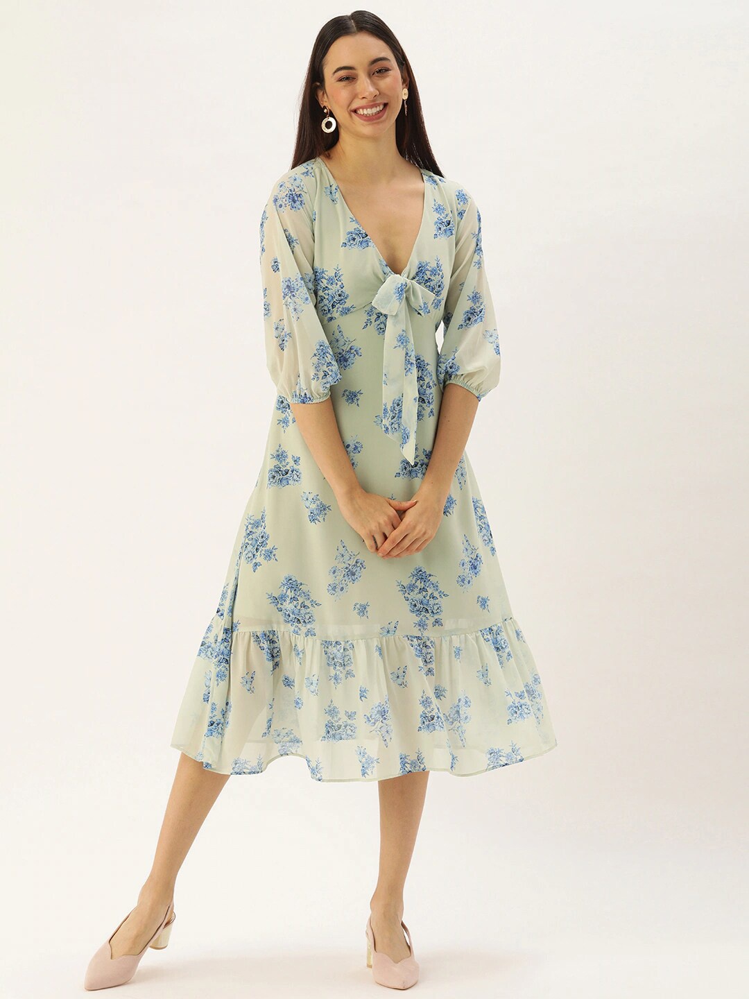

DressBerry Cream-Coloured Floral Printed Puff Sleeves Georgette A-line Midi Dress