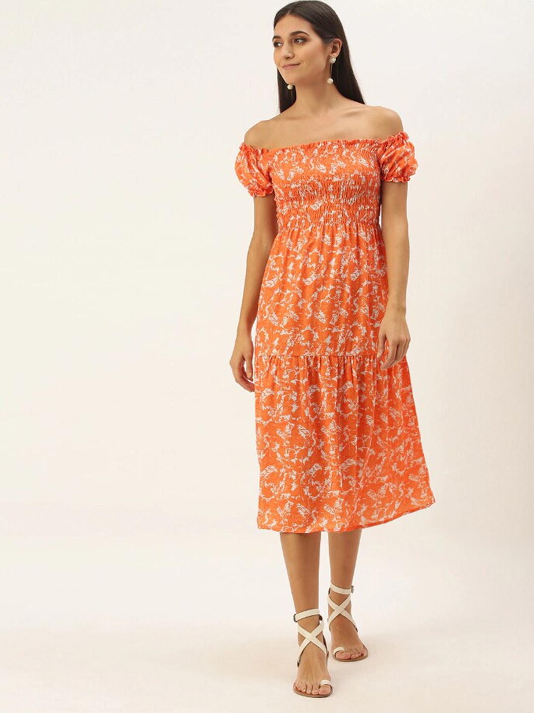 

DressBerry Orange & White Floral Print Smocked Off-Shoulder A-Line Midi Dress