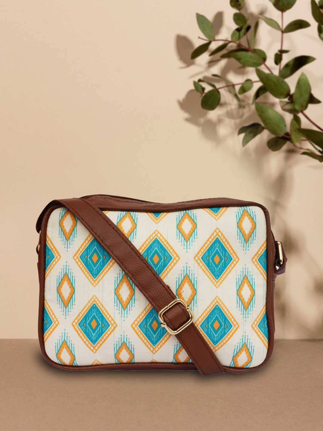 

Anouk Off White & Blue Geometric Printed PU Structured Sling Bag