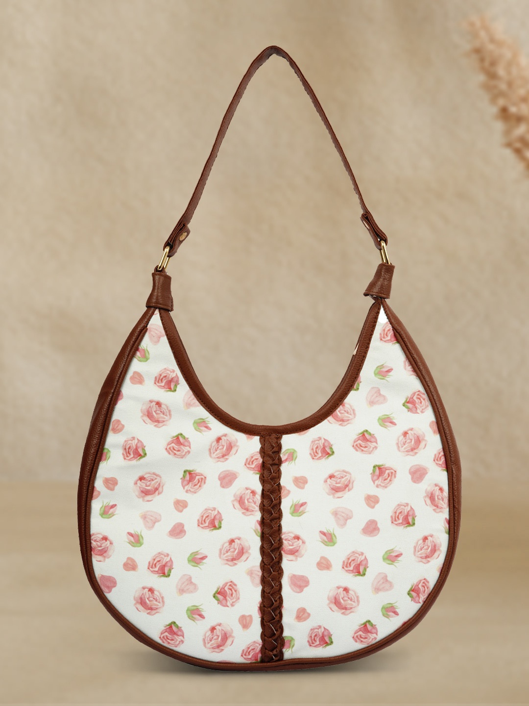 

Anouk White & Pink Floral Printed Leather Half Moon Hobo Bag