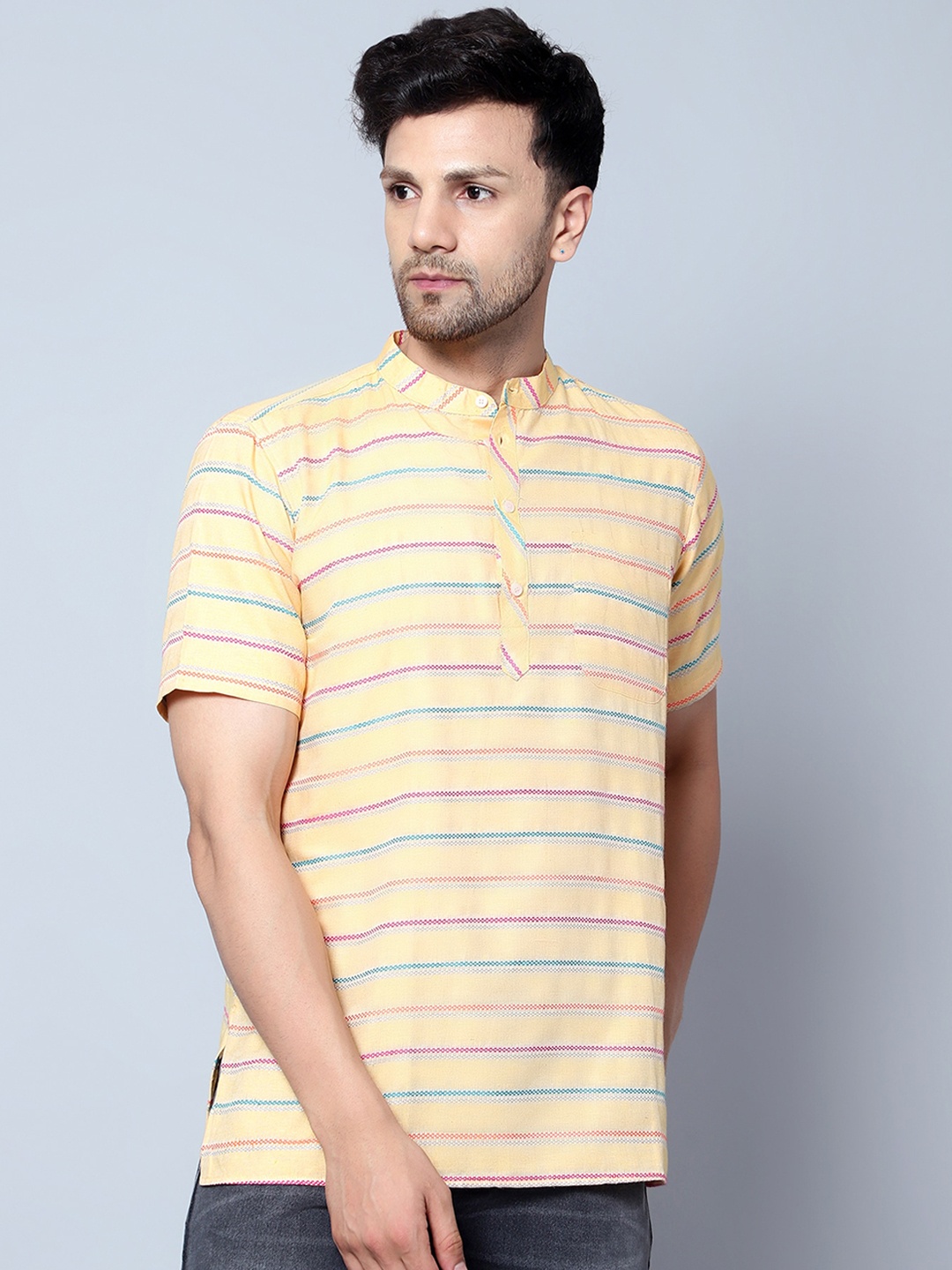 

Latest Chikan Garments Striped Mandarin Collar Short Sleeve Straight Kurta, Yellow