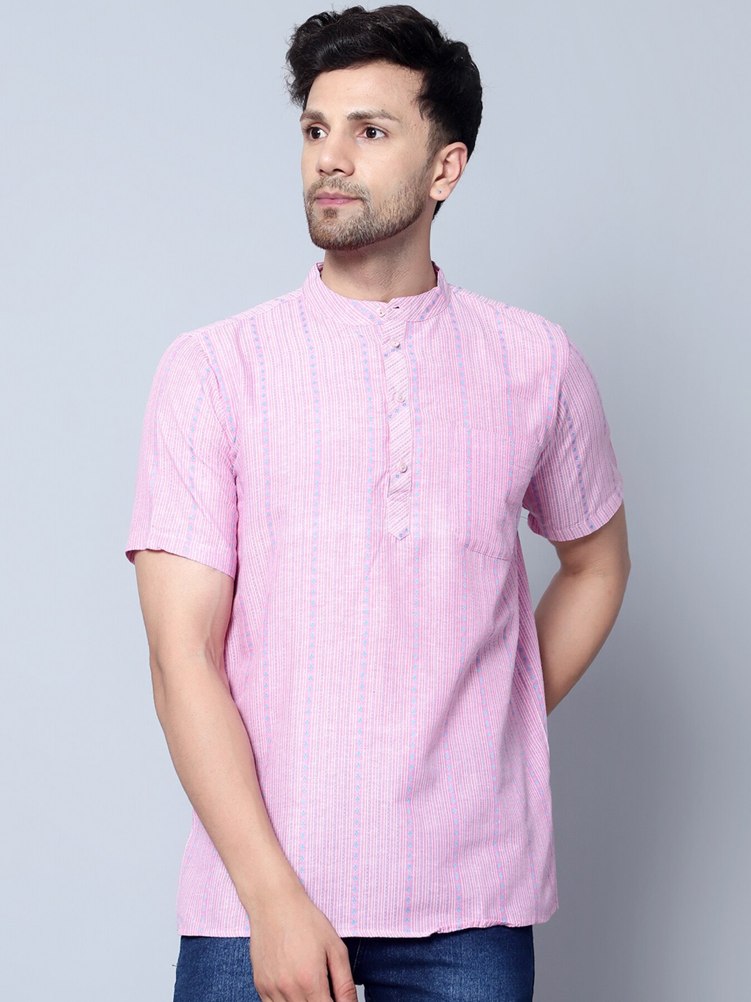 

Latest Chikan Garments Striped Mandarin Collar Short Sleeve Straight Kurta, Pink