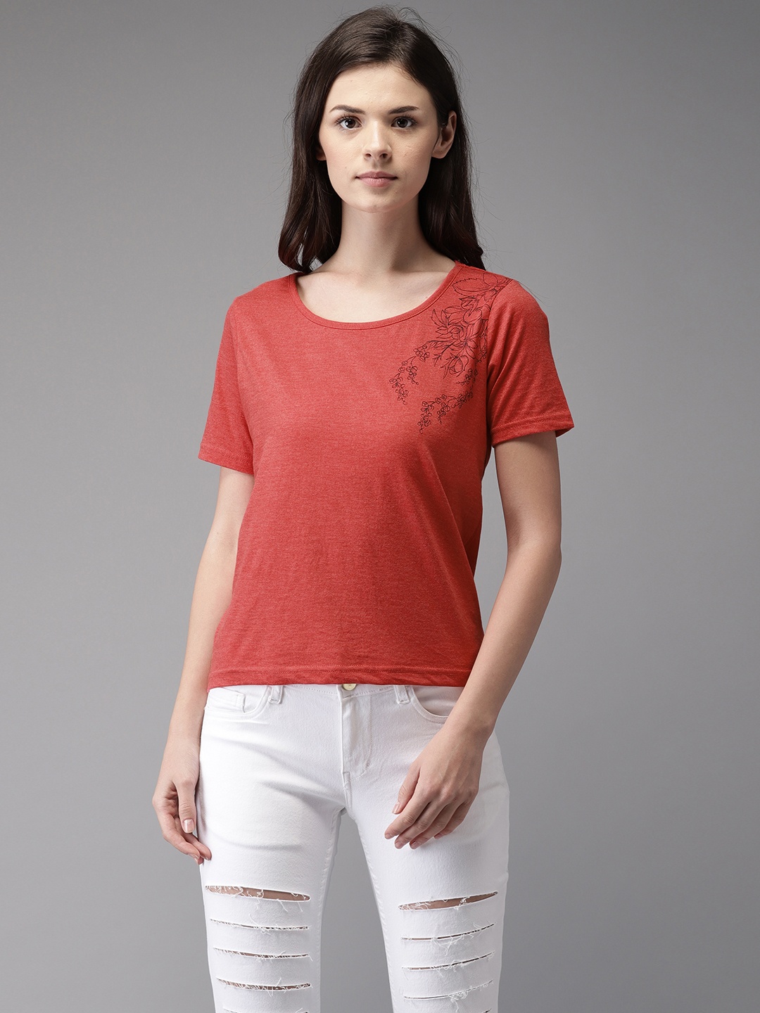 

Flying Machine Women Red Solid Round Neck Pure Cotton T-shirt