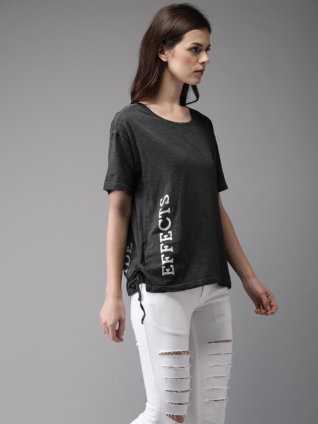 

Flying Machine Women Charcoal Printed Round Neck Pure Cotton T-shirt