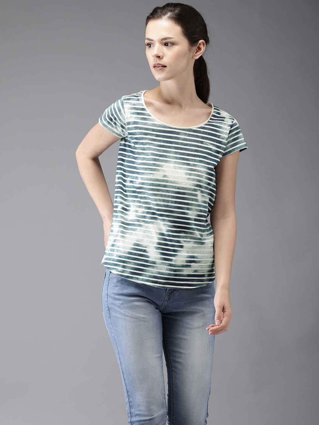 

Flying Machine Women Blue Off-White Striped Round Neck Pure Cotton T-shirt