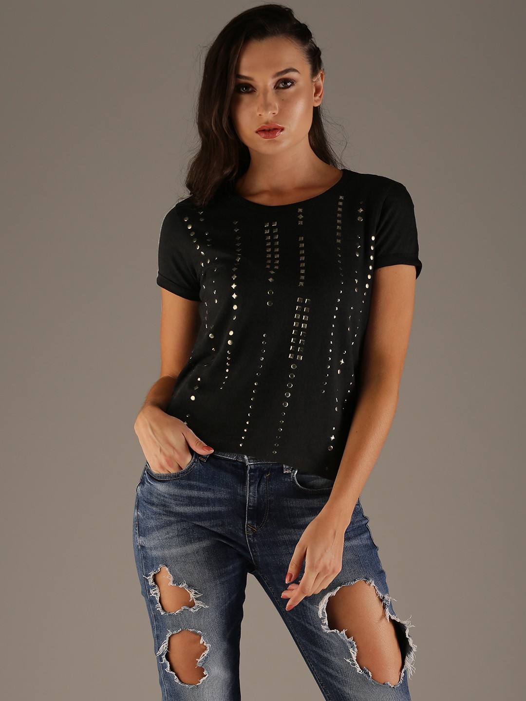

Flying Machine Women Black Self-Design Round Neck T-shirt