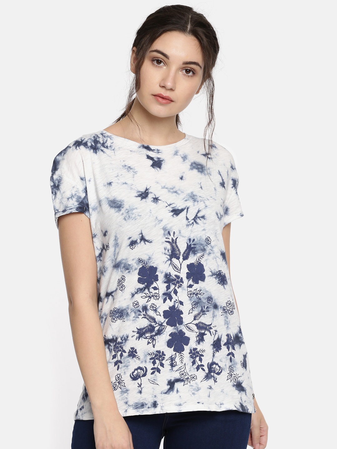 

U.S. Polo Assn. Women White and Blue Printed Round Neck Pure Cotton T-shirt