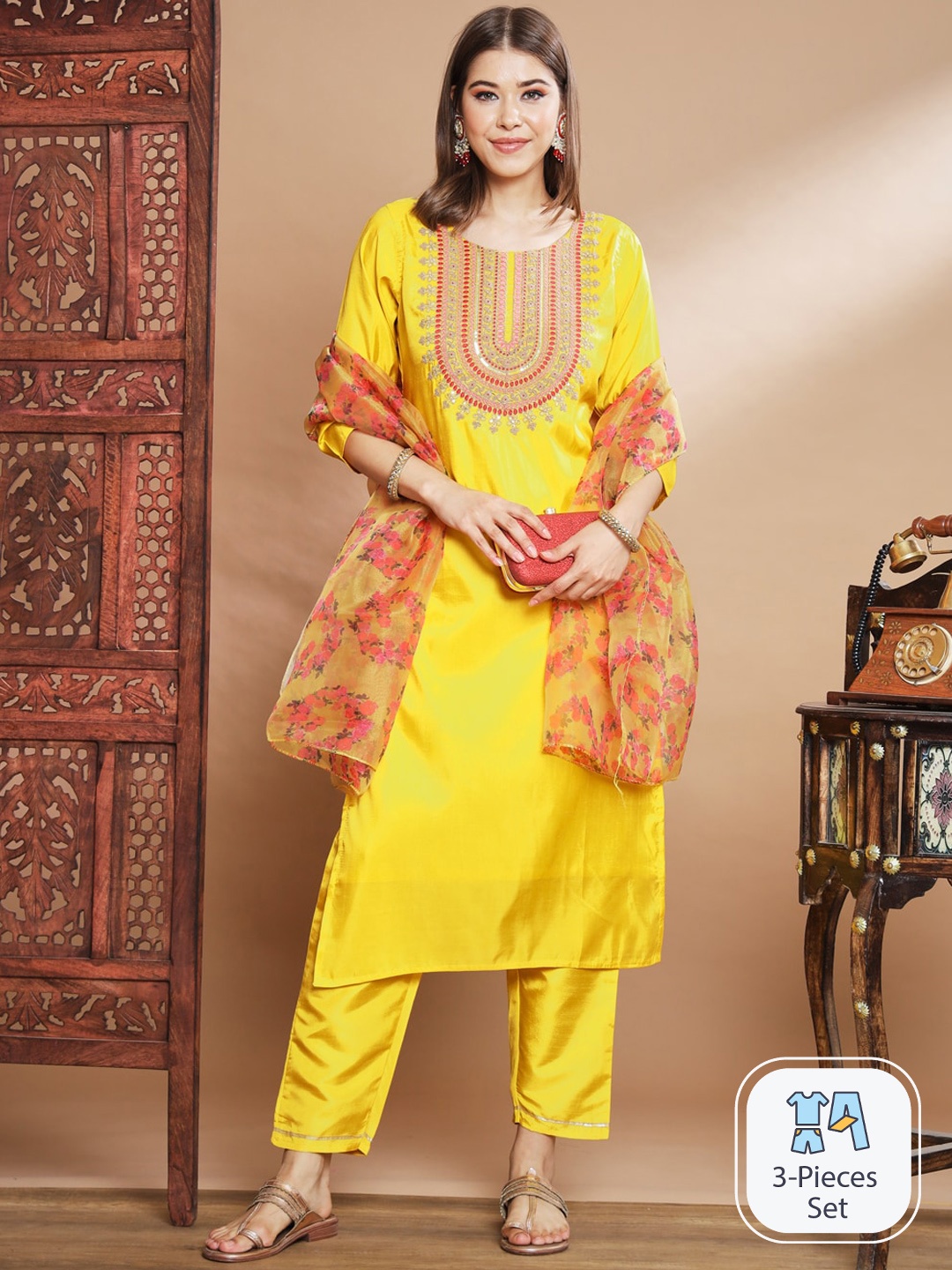 

PPTOSS Floral Yoke Design Regular Sequinned Kurta With Trousers & Dupatta, Yellow