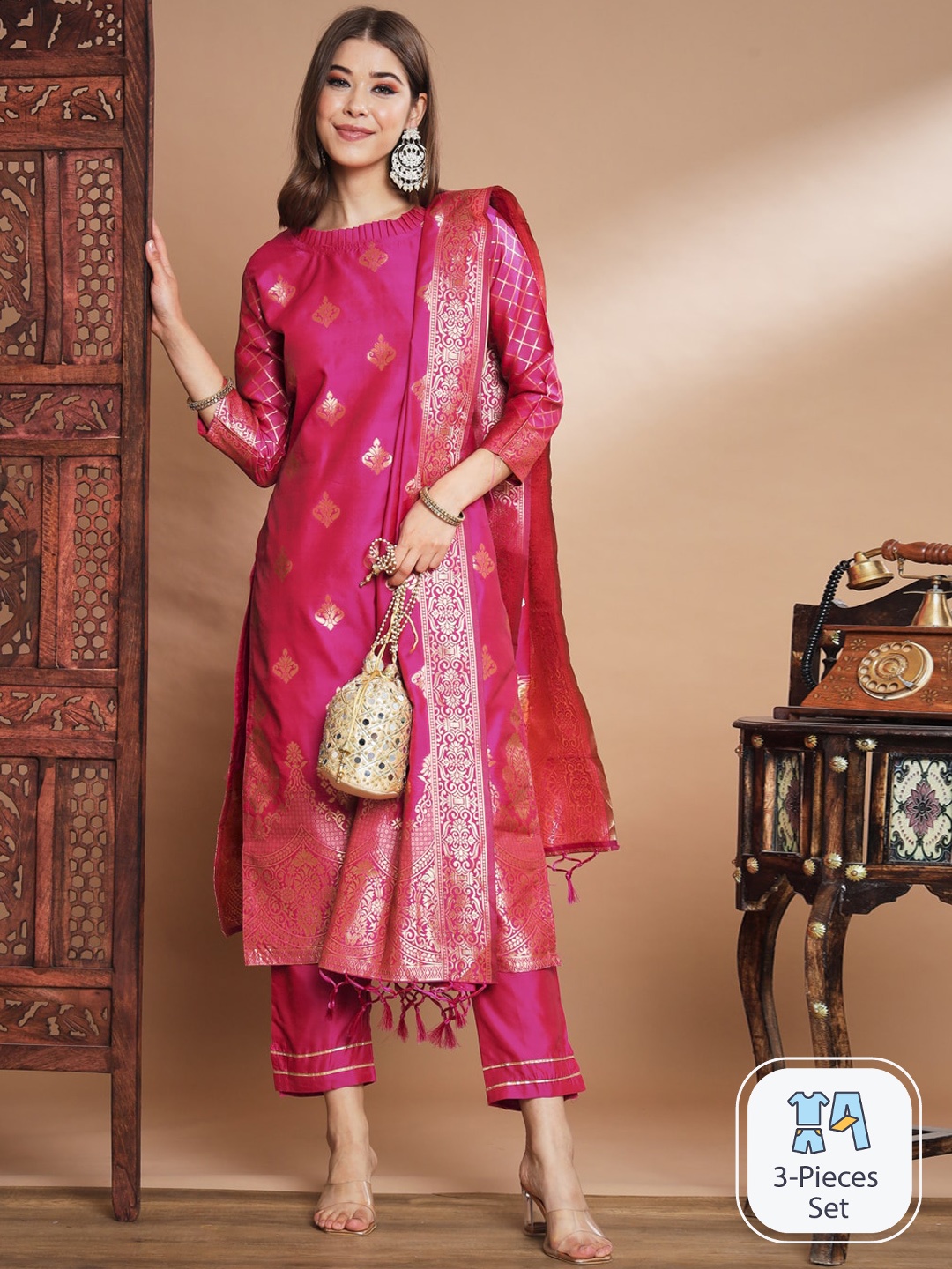 

PPTOSS Woven Design Kurta With Trousers & Dupatta, Pink