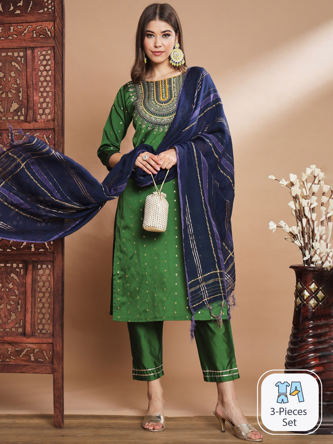 

PPTOSS Ethnic Motifs Embroidered Regular Kurta with Trousers & With Dupatta, Green