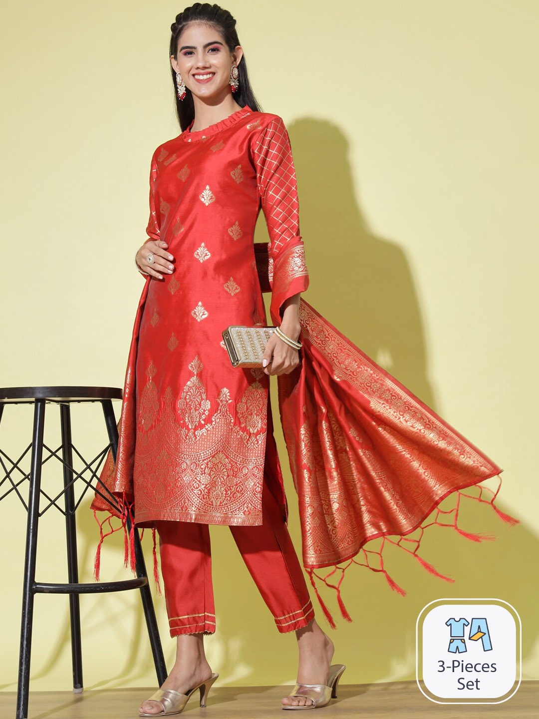 

PPTOSS Ethnic Motifs Woven Design Kurta With Trousers & Dupatta, Red