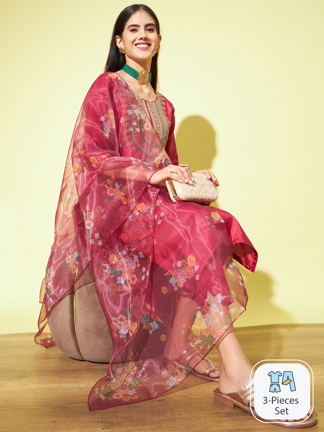 

PPTOSS Ethnic Motifs Yoke Design Thread Work Kurta With Trousers & Dupatta, Red