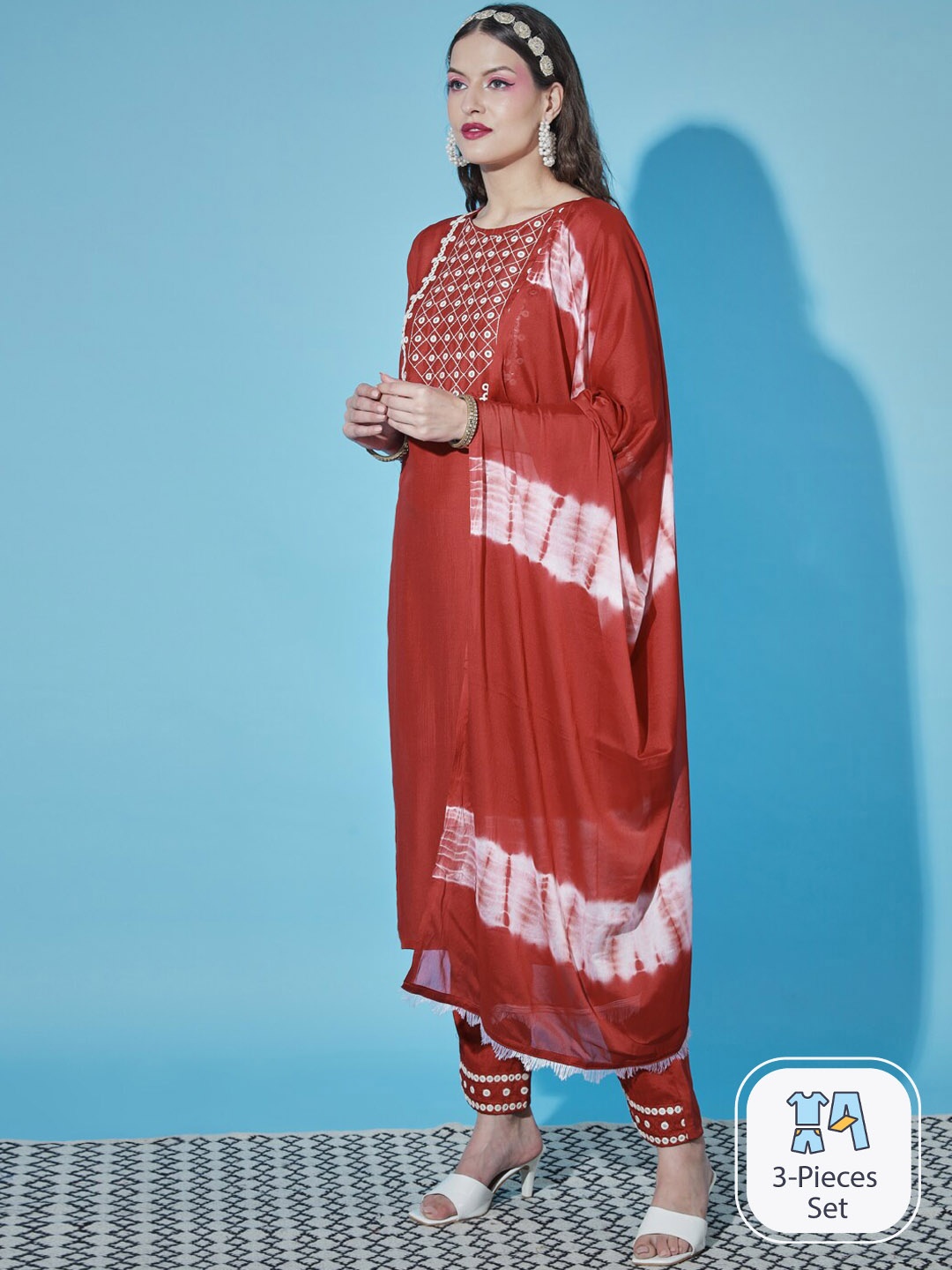 

PPTOSS Geometric Yoke Design Mirror Work Kurta With Trousers & Dupatta, Red