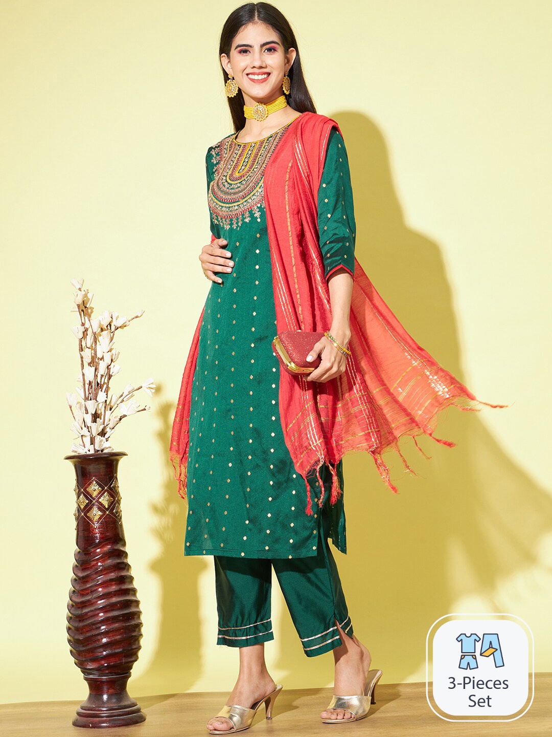 

PPTOSS Ethnic Motifs Embroidered Yoke Thread Work Kurta & Trousers With Dupatta, Green