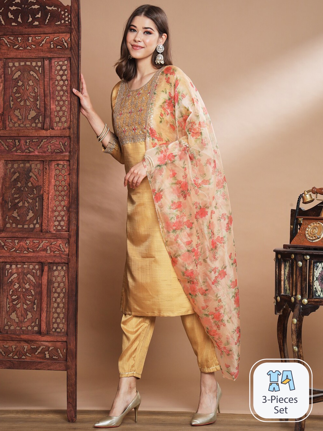 

PPTOSS Ethnic Motifs Yoke Design Regular Thread Work Kurta With Trousers & Dupatta, Mustard