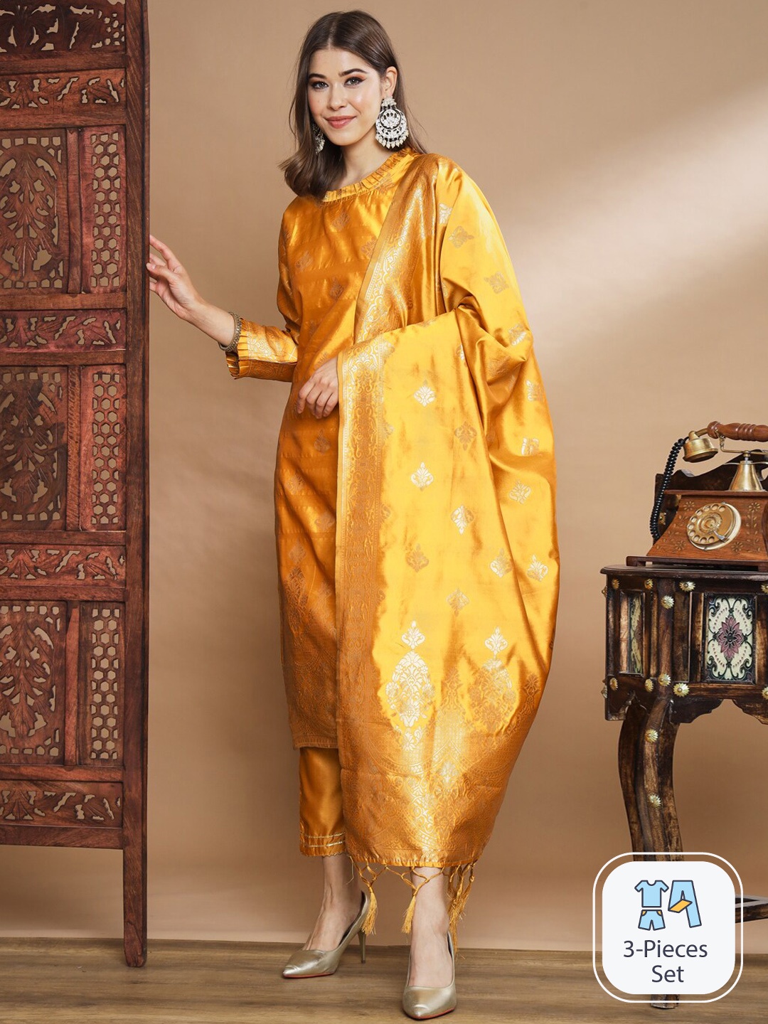 

PPTOSS Ethnic Motifs Woven Design Kurta With Trousers & Dupatta, Yellow