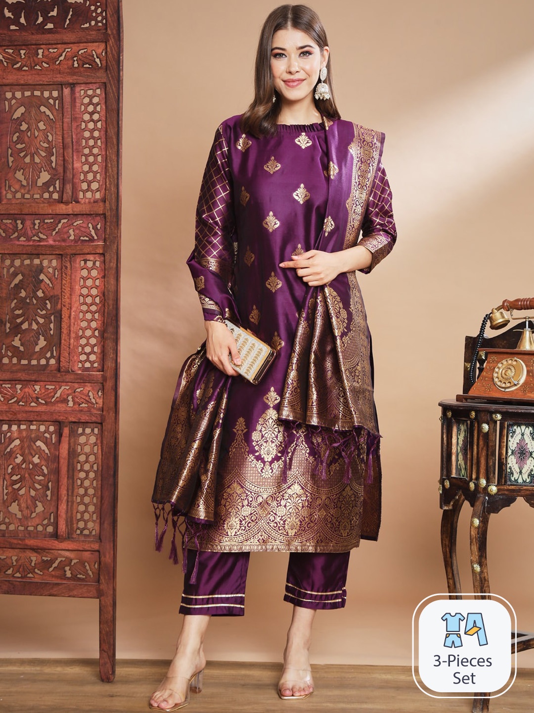 

PPTOSS Woven Design Kurta with Trousers & With Dupatta, Purple