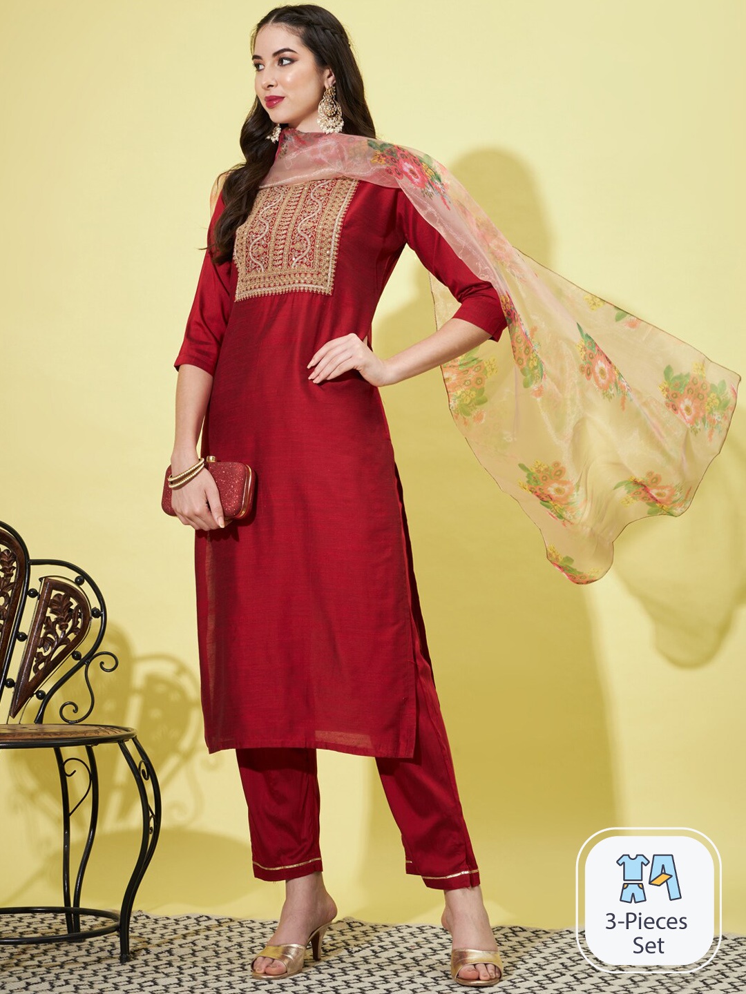 

PPTOSS Ethnic Motifs Yoke Design Sequinned Kurta with Trousers & Dupatta, Maroon