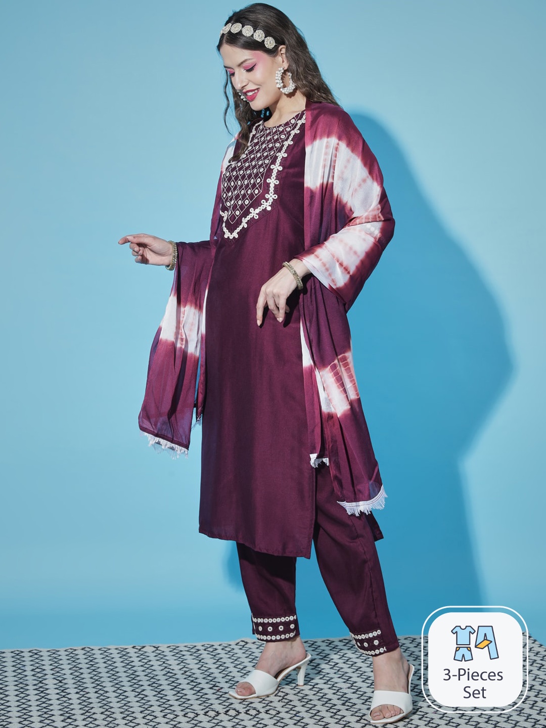 

PPTOSS Ethnic Motifs Yoke Design Thread Work Kurta With Trousers & Dupatta, Purple