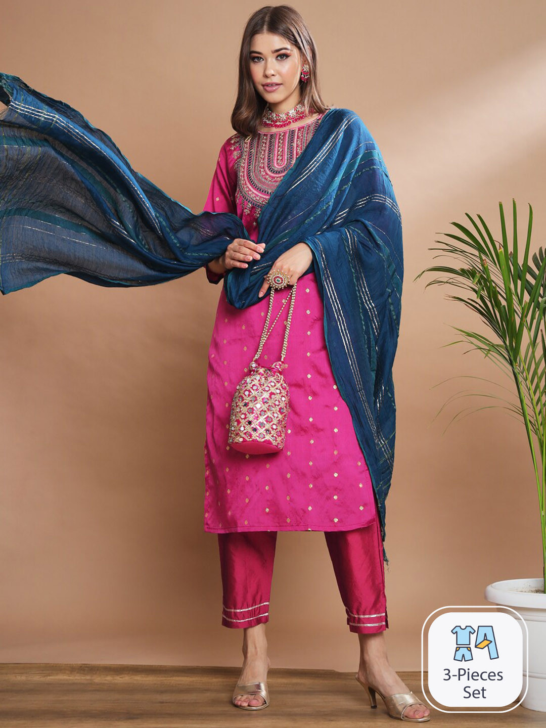 

PPTOSS Ethnic Motifs Sequinned Embroidered Regular Kurta With Trousers & Dupatta, Pink