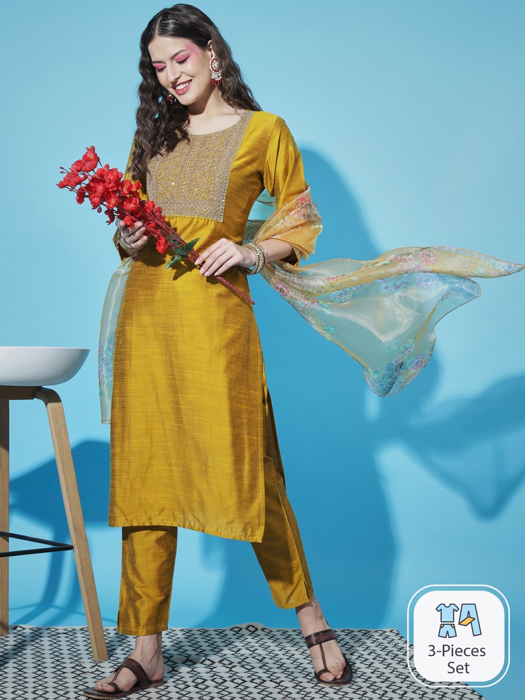 

PPTOSS Ethnic Motifs Yoke Design Thread Work Kurta With Trousers & Dupatta, Mustard