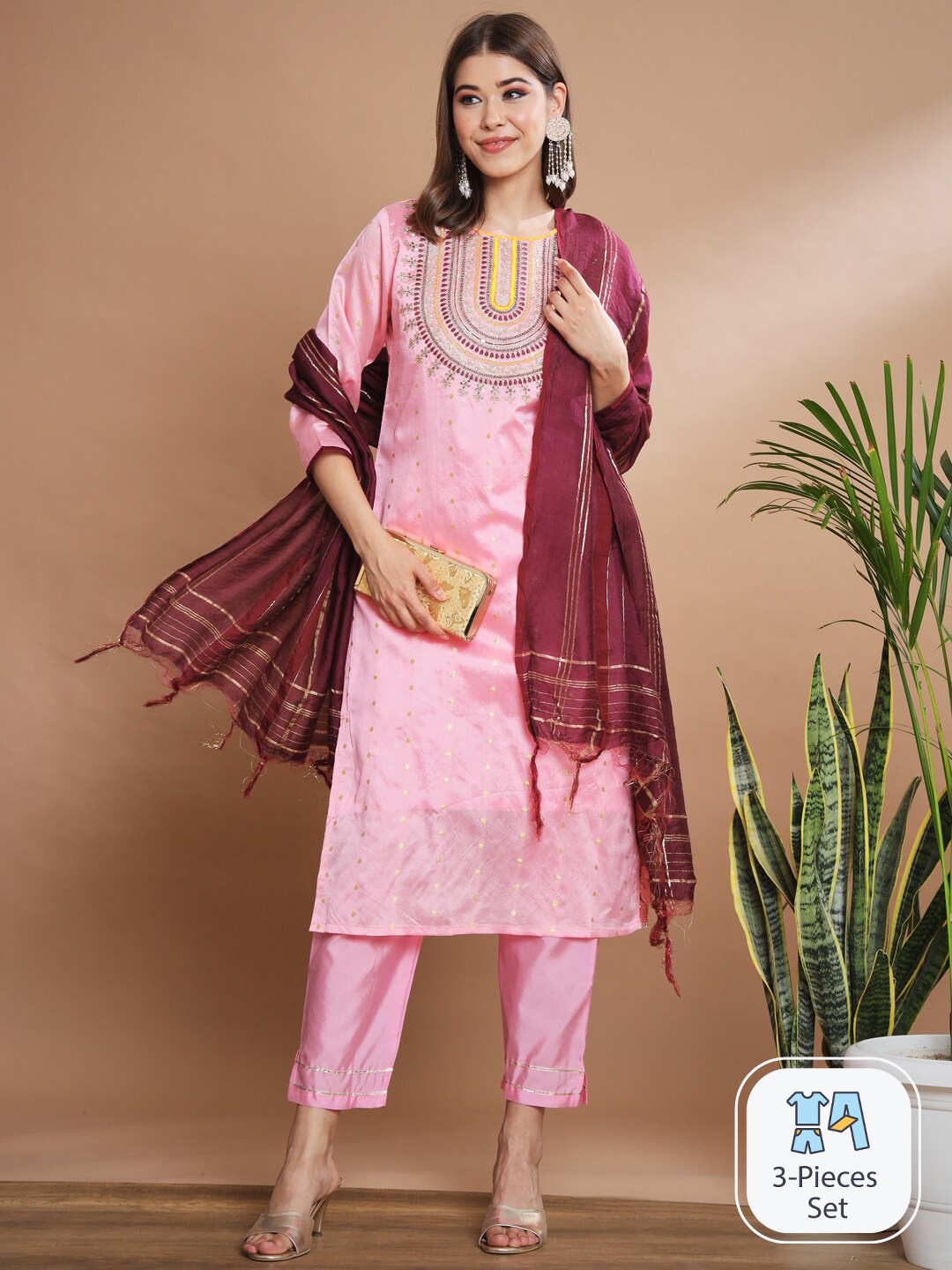 

PPTOSS Ethnic Motifs Yoke Design Regular Kurta With Trousers & Dupatta, Pink
