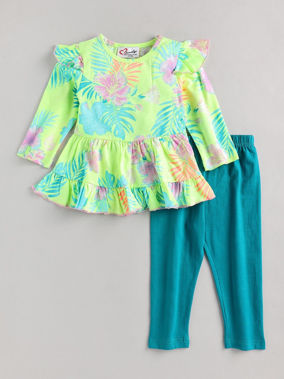 

M'andy Girls Printed Pure Cotton Top With Leggings, Green
