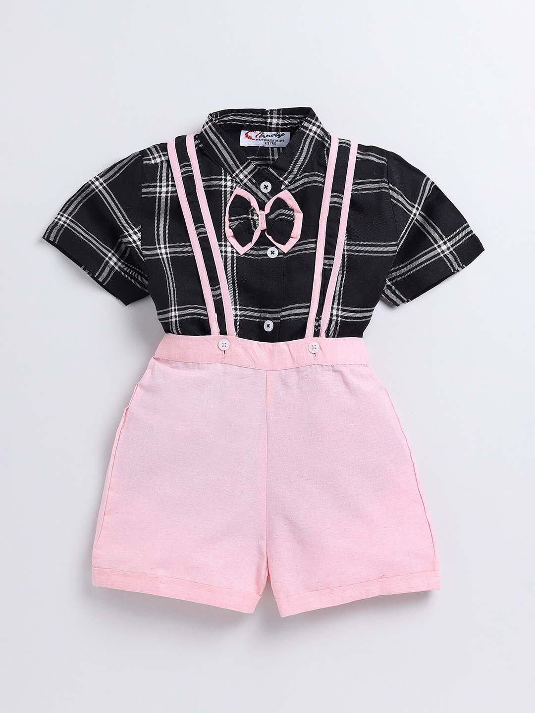

M'andy Boys Checked Pure Cotton Shirt With Shorts And Suspenders, Black