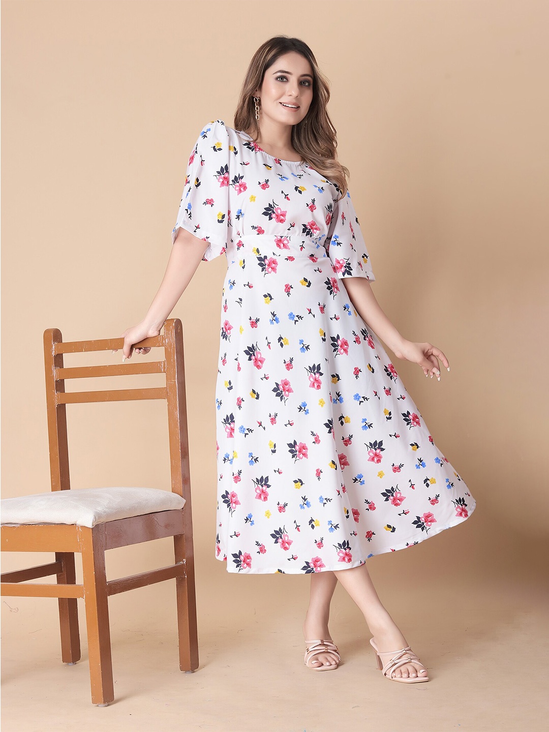 

N N ENTERPRISE Floral Printed Flared Sleeve Ruffled A-Line Midi Dress, White