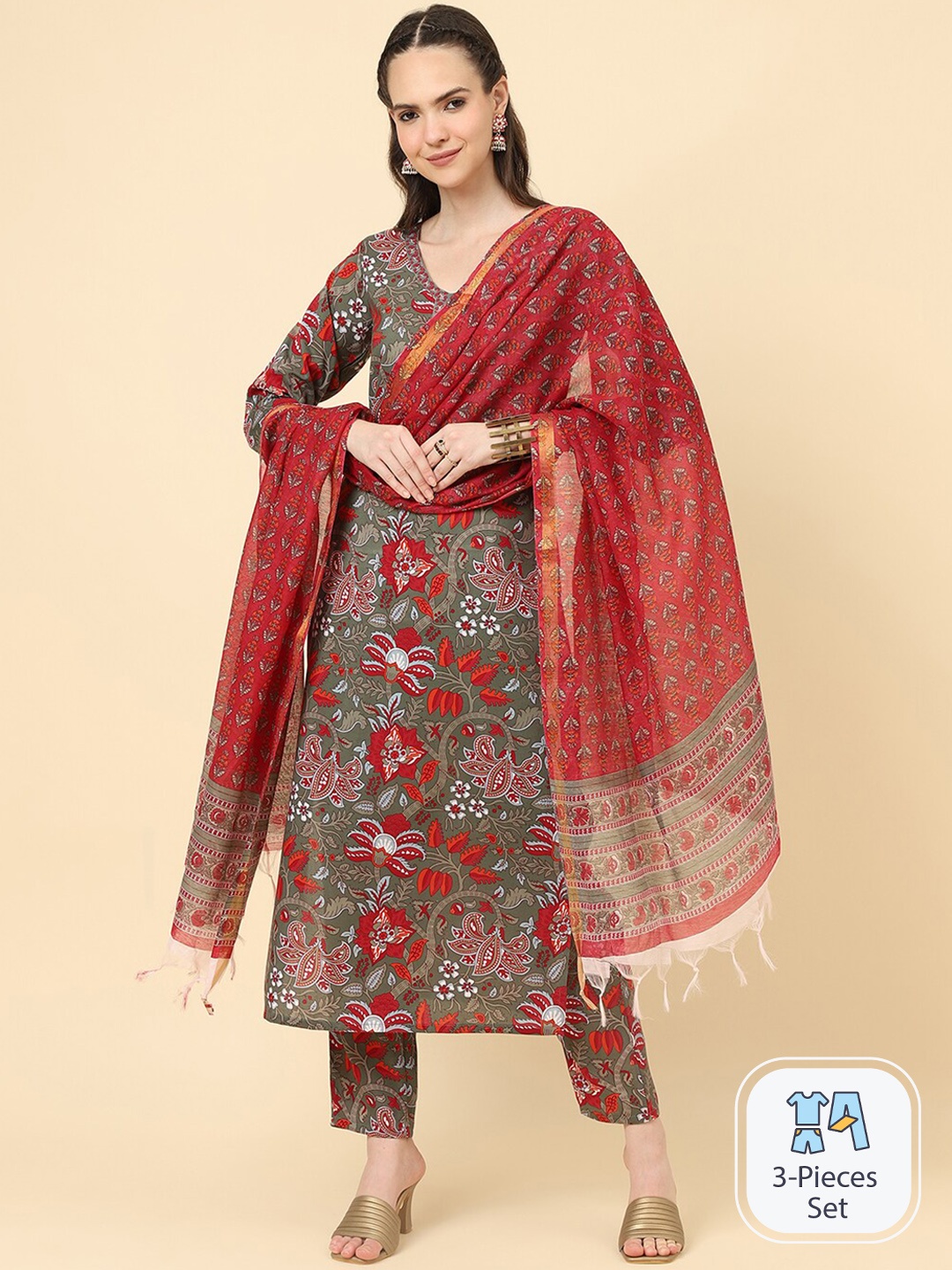 

KALINI Floral Printed V-Neck Straight Kurta with Trousers & Dupatta, Grey