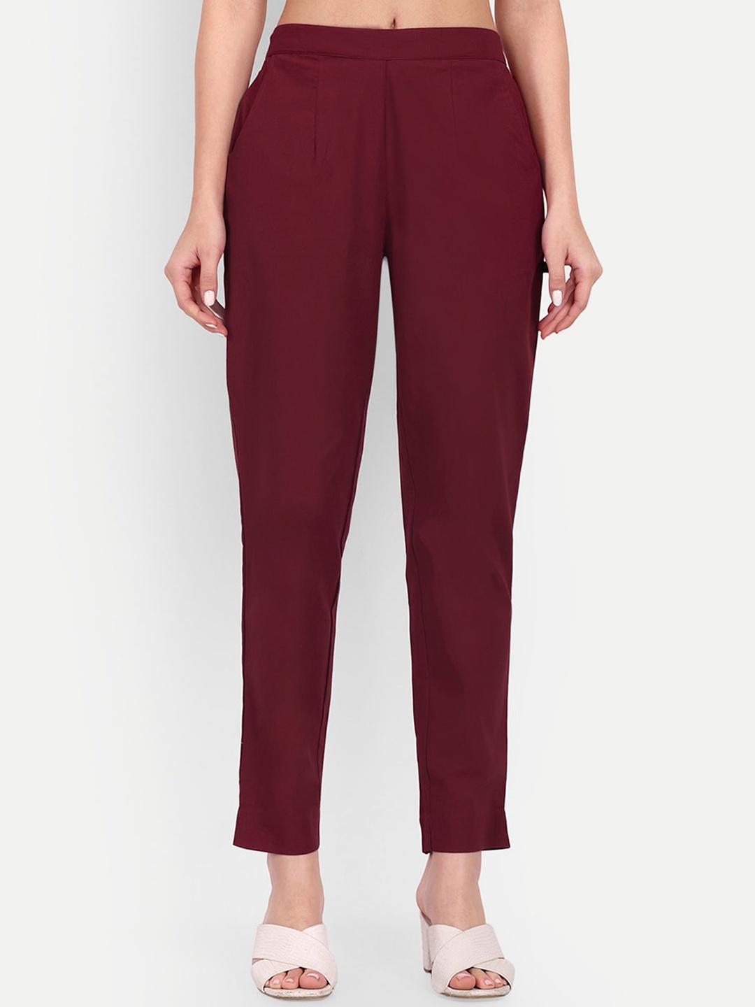 

githaan Women Mid-Rise Cotton Relaxed Straight Leg Easy Wash Trousers, Maroon