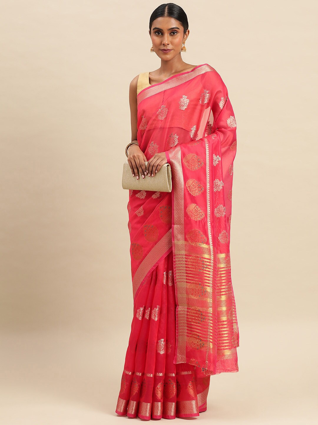 

Mitera Ethnic Motifs Woven Design Zari Organza Saree, Red