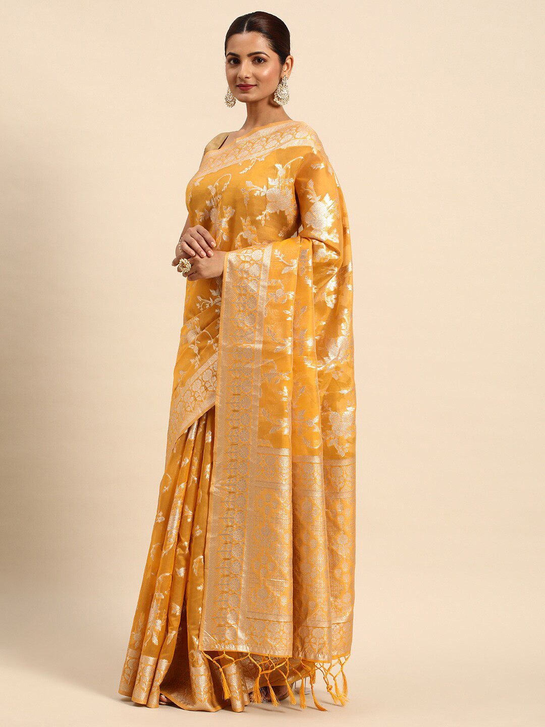 

Mitera Yellow Floral Woven Design Zari Organza Designer Saree