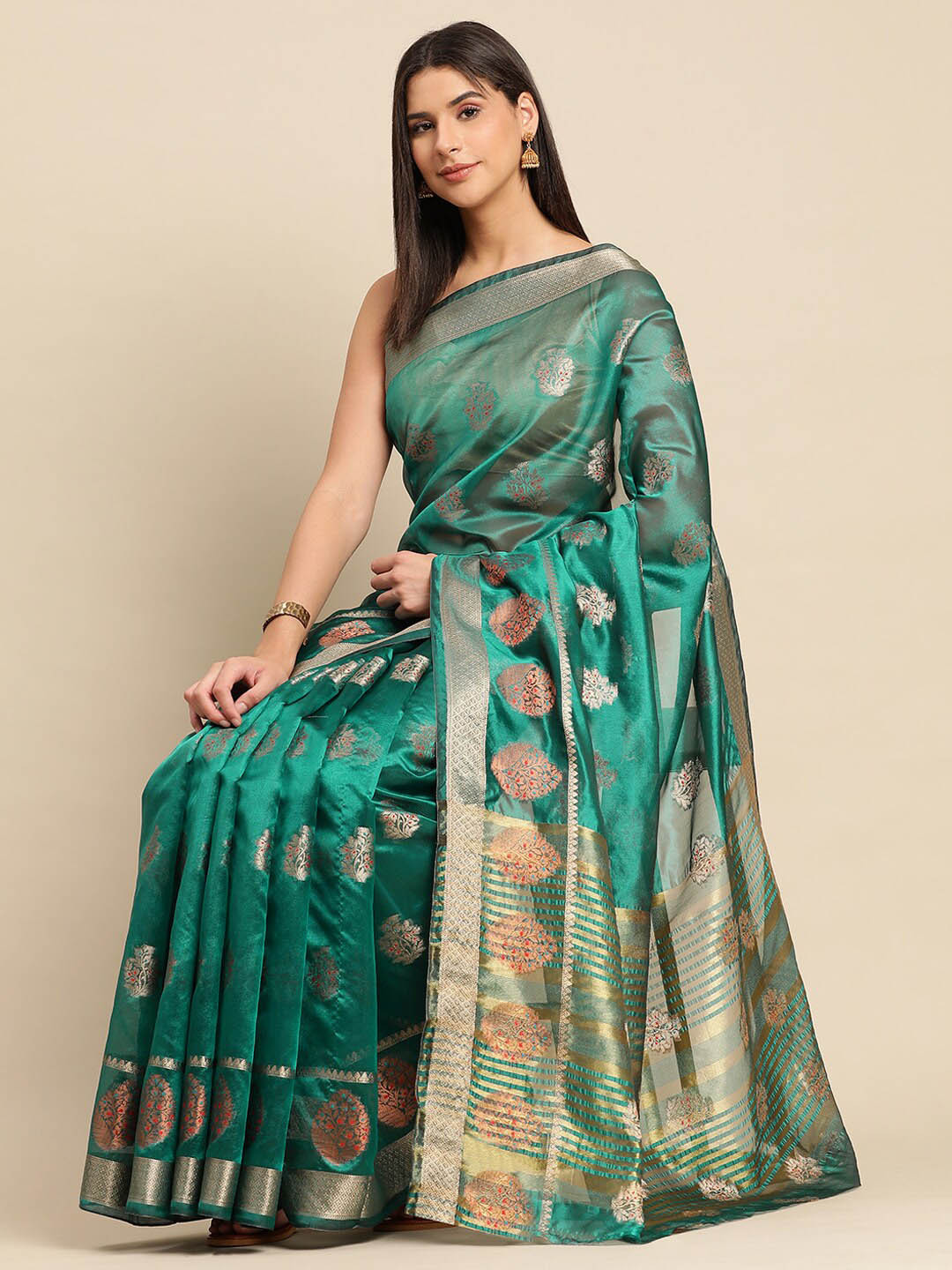 

Mitera Green & Gold Toned Floral Woven Design Zari Organza Saree