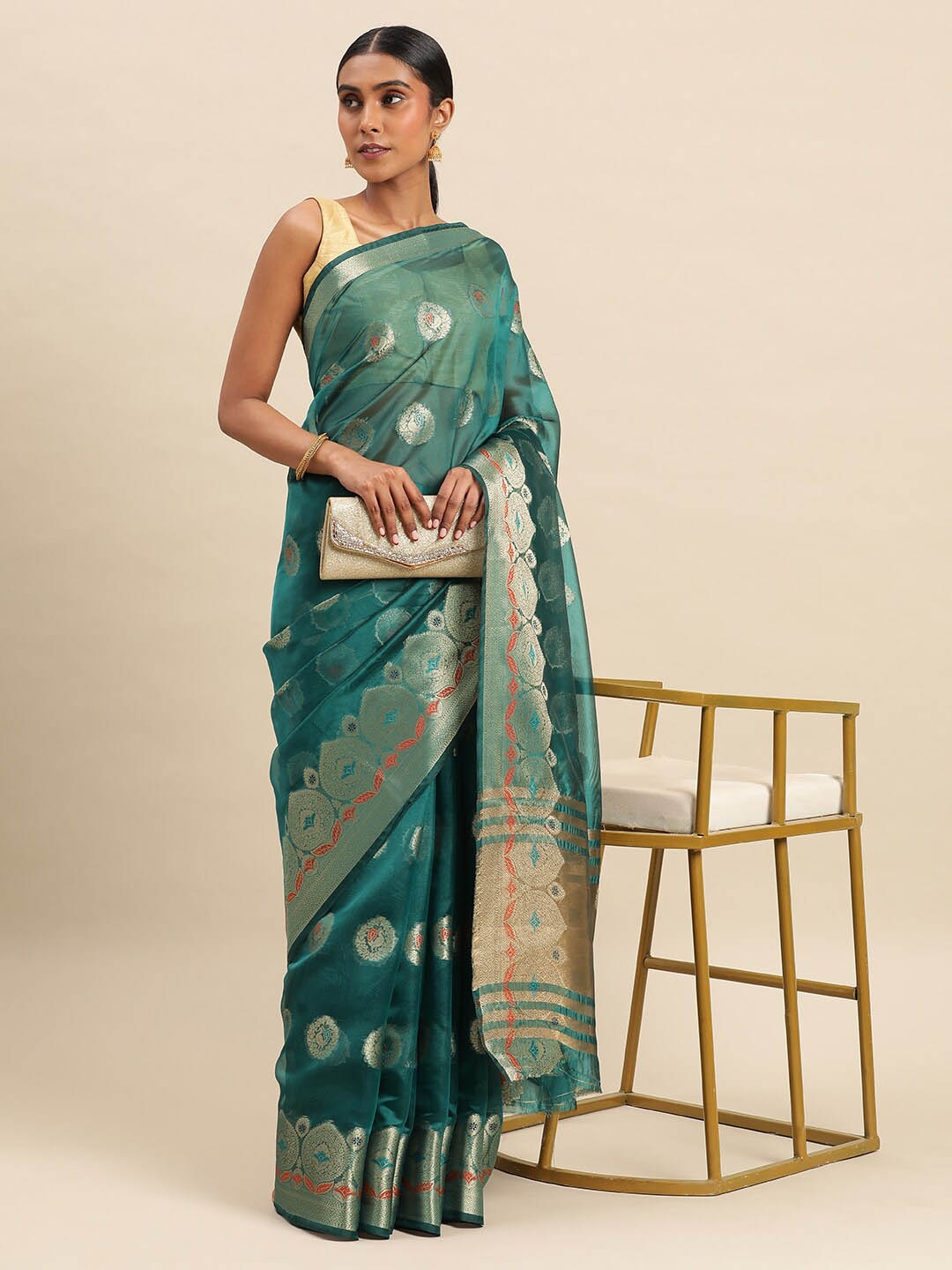 

Mitera Sea Green and Gold-Toned Ethnic Motifs Woven Design Zari Organza Saree