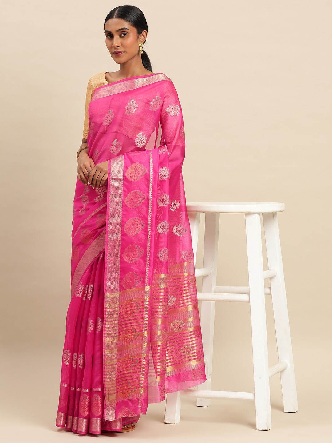 

Mitera Ethnic Motifs Woven Design Zari Organza Saree, Pink