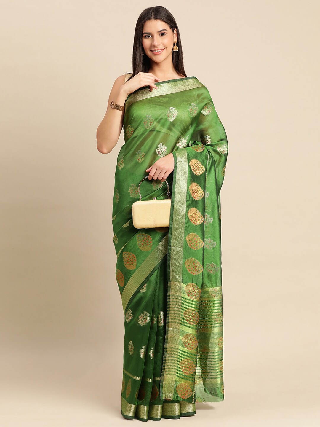 

Mitera Green & Gold-Toned Floral Woven Design Zari Organza Saree