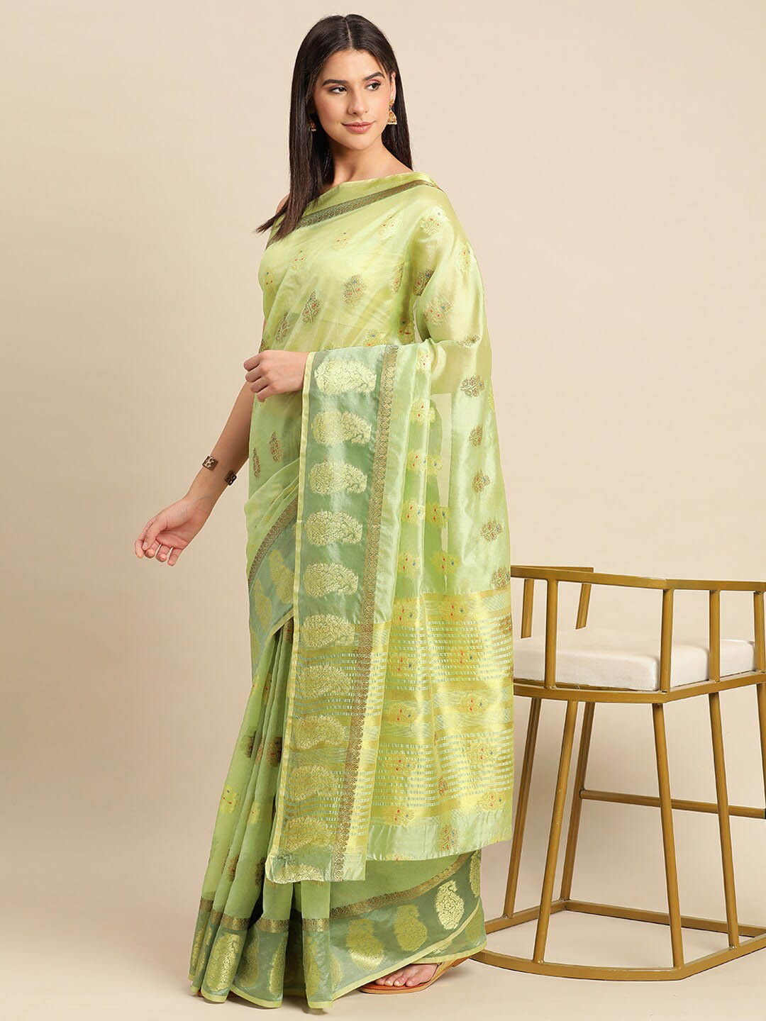 

Mitera Woven Design Zari Organza Saree, Sea green