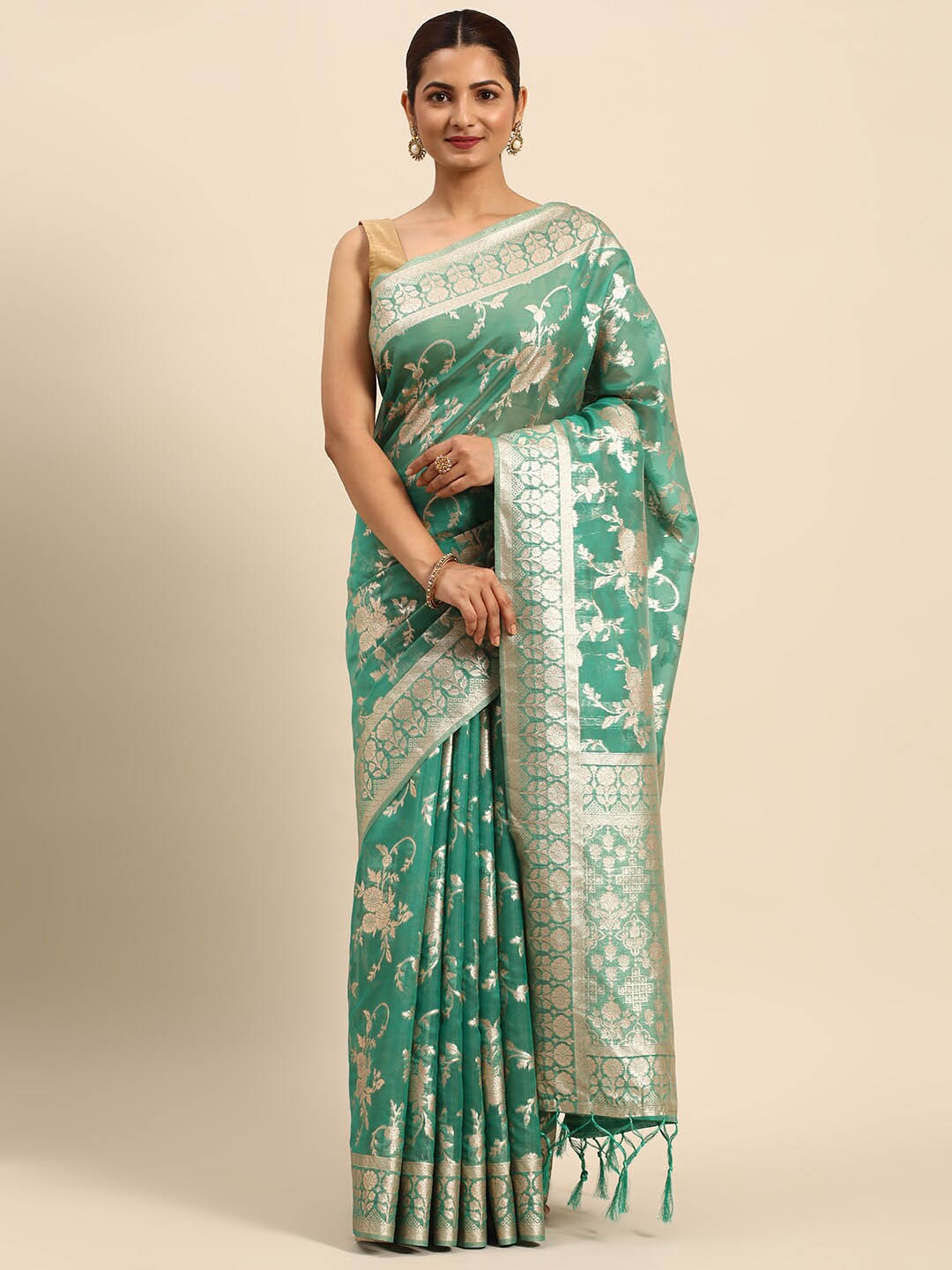 

Mitera Green & Gold-Toned Ethnic Motifs Woven Design Zari Organza Saree